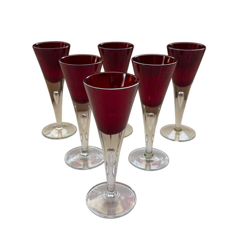 Vtg Polish Ruby Red Art Glass Cordial Glasses – Set of 6 – MCM Stemware